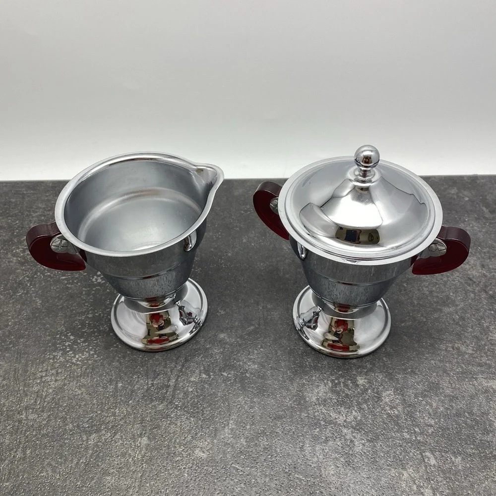 As‎ Is Vintage Art Deco Chrome Creamer & Sugar Cherry Red Bakelite Handles
